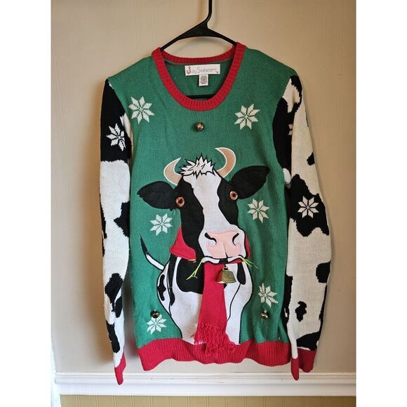 Jolly Sweaters Ugly Christmas Sweater Size Samll Green Cow Jingle Bells Holstein - Picture 1 of 4